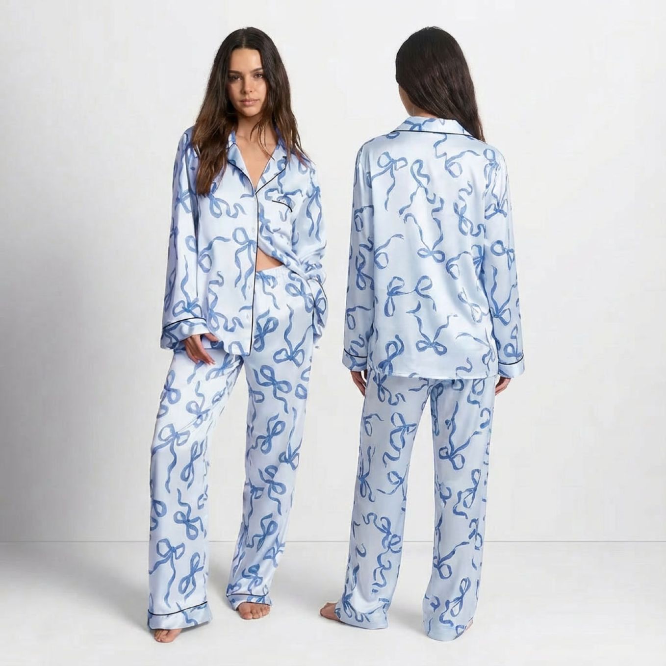 Pyjama femme satin 2 pièces imprimé nœuds bleus manches longues sur modèle hiver printemps 2026