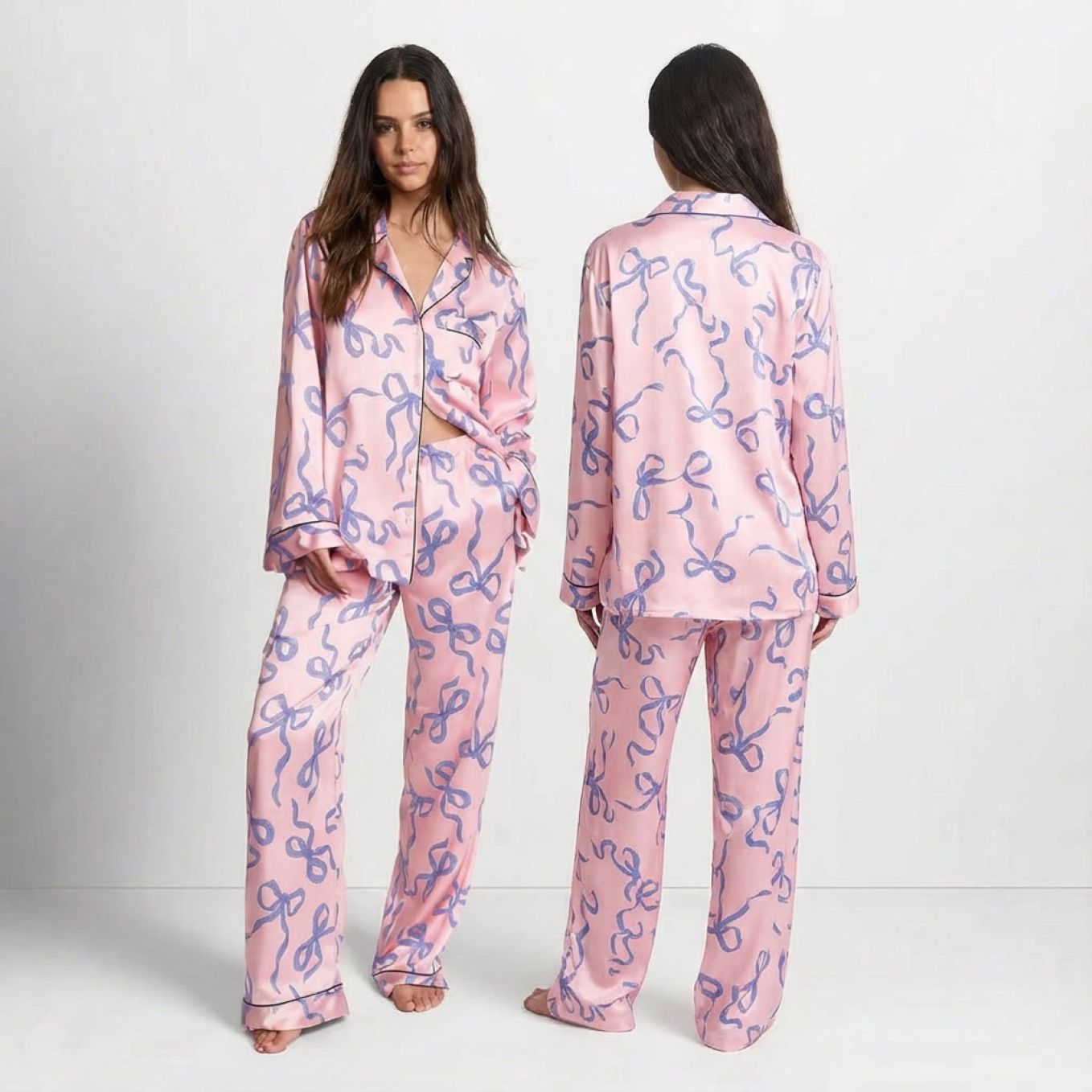 Pyjama femme satin 2 pièces imprimé nœuds violets sur fond rose manches longues sur modèle hiver printemps 2026