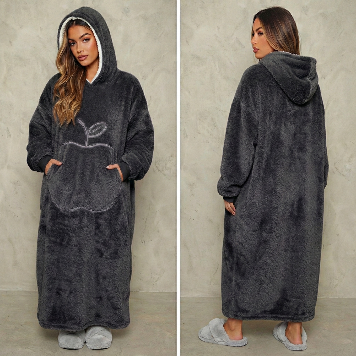 Sweat plaid long gris sombre oversize polaire chaud hiver