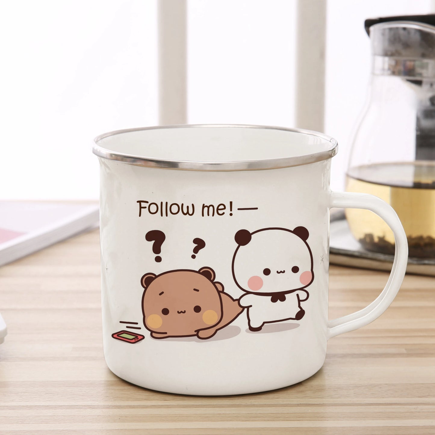 Tasse émaillée panda kawaii couple illustration mug 360 ml hiver printemps 2026