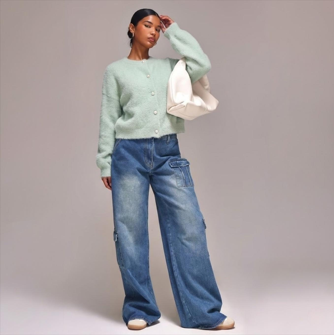 Cardigan femme effet vison, col rond, boutons perles