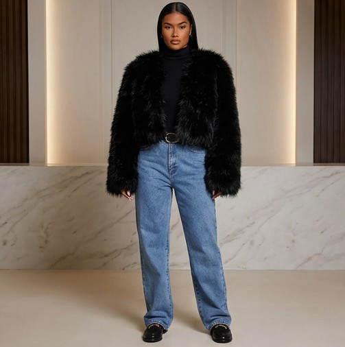 Veste courte femme en fausse fourrure noire tenue chic sur modèle hiver printemps