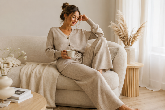 Ensemble maille femme beige porté dans un intérieur lumineux, tenue d’intérieur douce et élégante