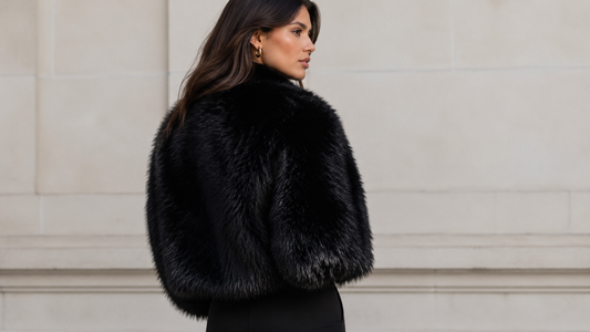 Femme portant une veste en fausse fourrure noire dans un look d’hiver chic et élégant