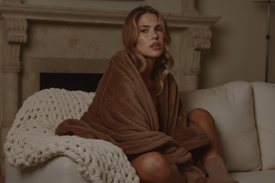 Femme enveloppée dans un plaid cocooning doux sur canapé près d’une cheminée – ambiance cosy et chaleureuse