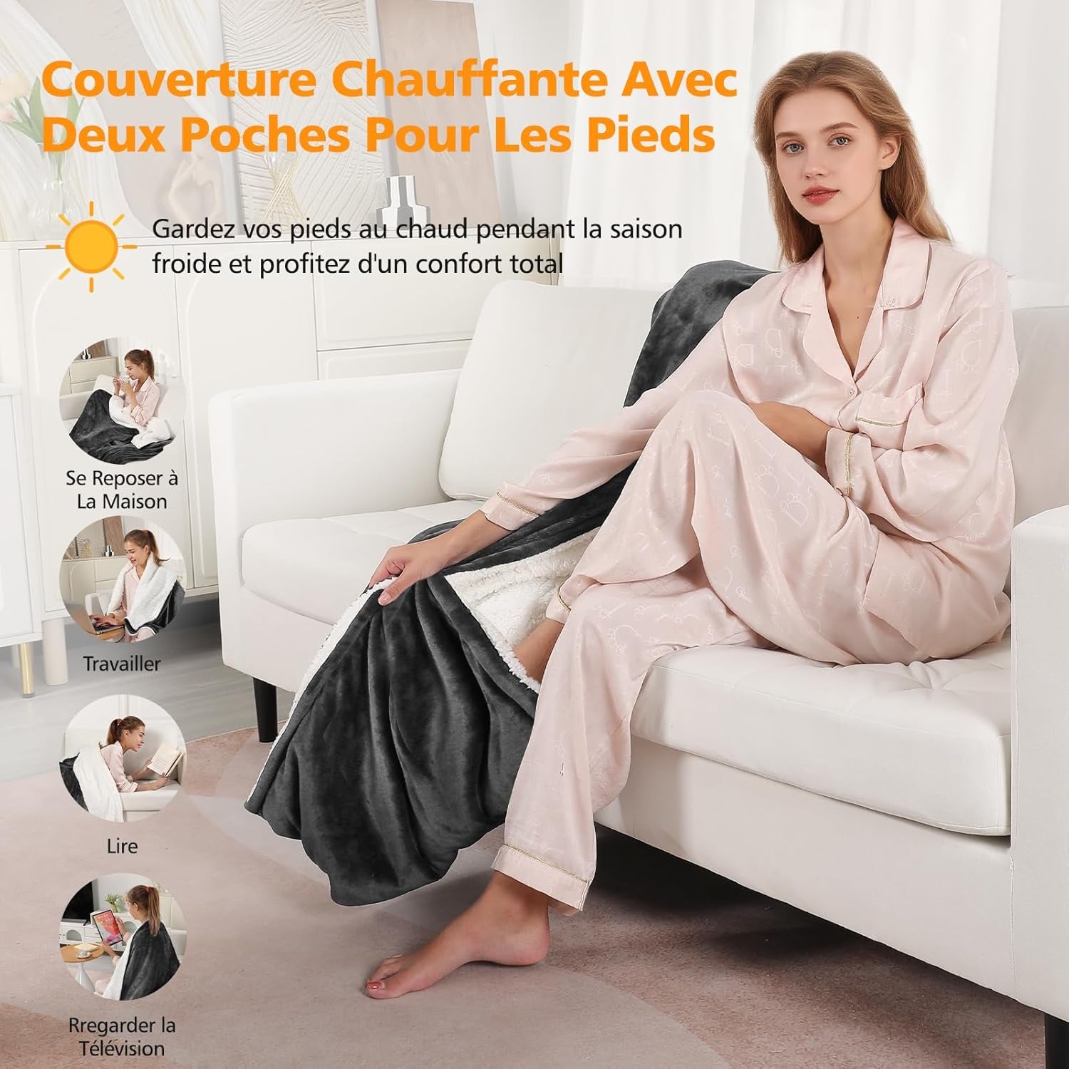 Couverture chauffante en flanelle avec pochette pour pieds – plaid électrique gris à 8 niveaux de chaleur, minuterie 10h