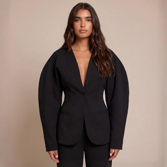 Tailleur femme – ensemble blazer col V élégant à bouton unique & pantalon long droit, couleur unie, style bureau chic - spécial Automne / Hiver