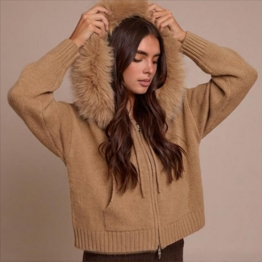 Winter Female Sweater Hoodie Cardigan Fluffy Zipper Patchwork Long Sleeve Ribbed Solid Knit Jacket Coat Women'S Cardigan