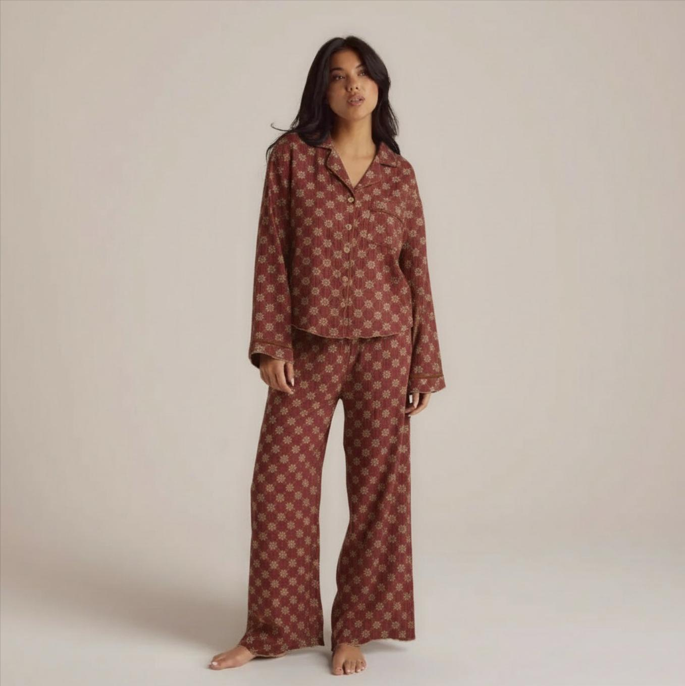 2025 New Spring and Summer Women'S Pajamas Suit Long-Sleeved Trousers Two-Piece 100% Cotton Crepe Flower Leaves Home Clothes