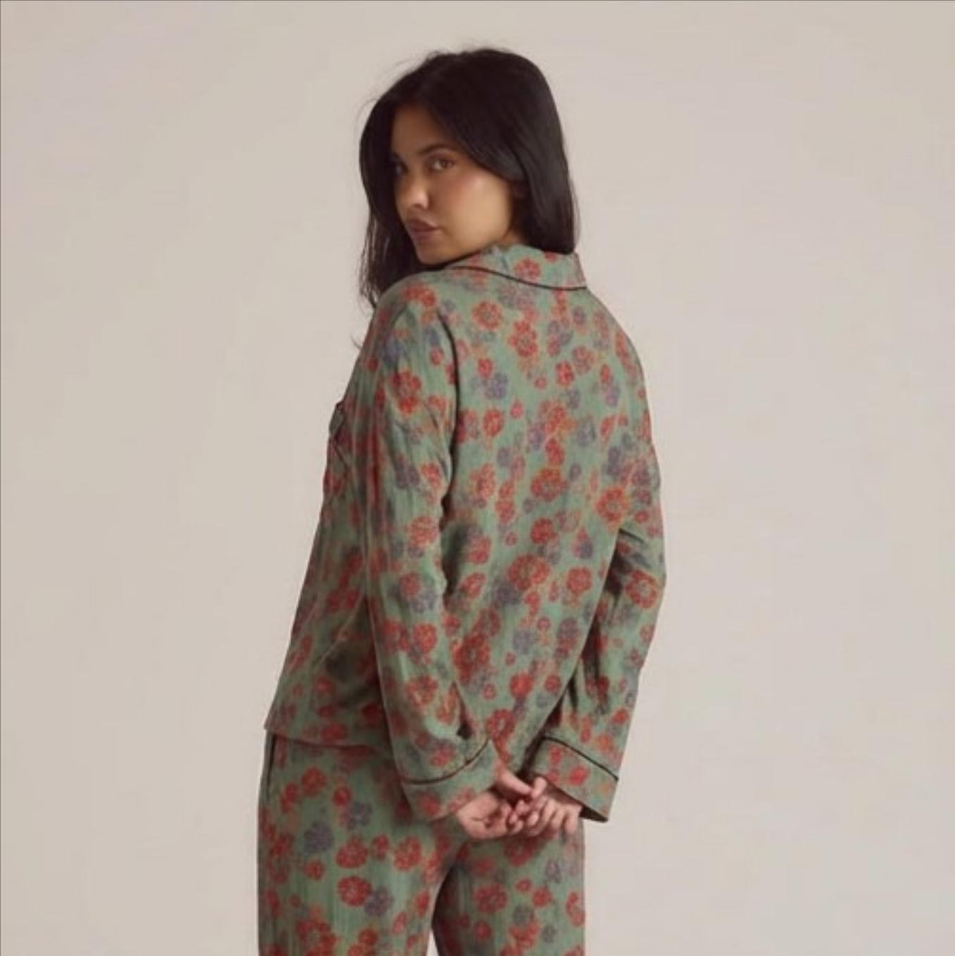 2025 New Spring and Summer Women'S Pajamas Suit Long-Sleeved Trousers Two-Piece 100% Cotton Crepe Flower Leaves Home Clothes