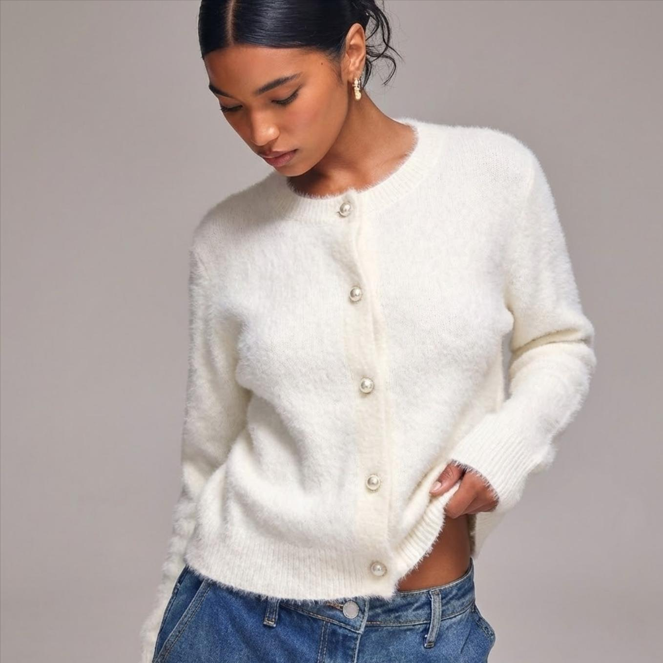 Cardigan femme effet vison, col rond, boutons perles