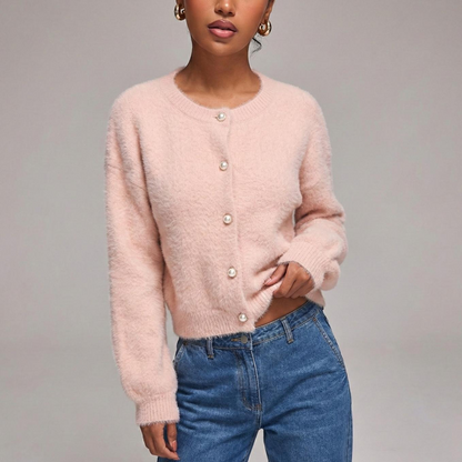 Cardigan femme effet vison, col rond, boutons perles