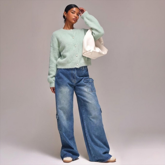 Cardigan femme effet vison, col rond, boutons perles