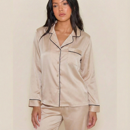Womens Silk Satin Pajamas Loungewear Two-Piece Sleepwear Button-Down Full Sleeve Long Pj Set