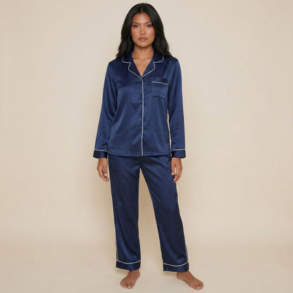 Womens Silk Satin Pajamas Loungewear Two-Piece Sleepwear Button-Down Full Sleeve Long Pj Set