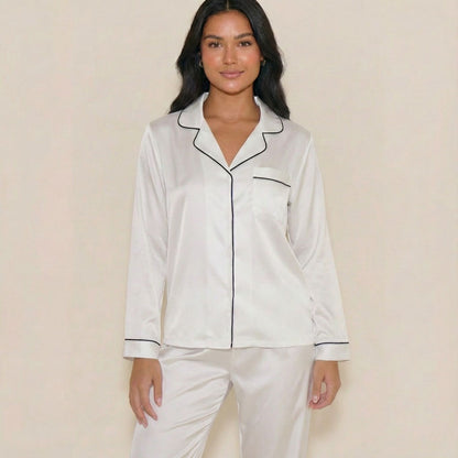 Womens Silk Satin Pajamas Loungewear Two-Piece Sleepwear Button-Down Full Sleeve Long Pj Set