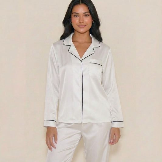 Womens Silk Satin Pajamas Loungewear Two-Piece Sleepwear Button-Down Full Sleeve Long Pj Set