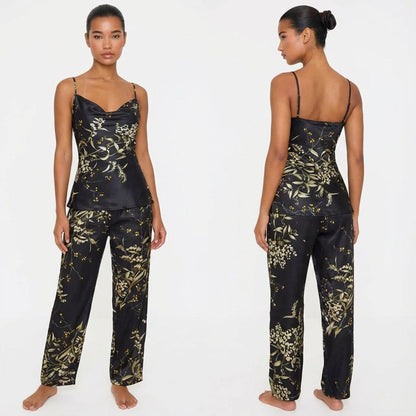 Pyjama satiné à imprimé floral deux pièces avec top bretelles & pantalon