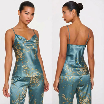 Pyjama satiné à imprimé floral deux pièces avec top bretelles & pantalon