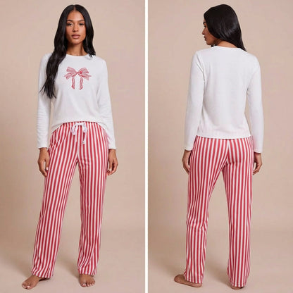 Women'S Pajamas Set Bow Print Long Sleeve Top and Trousers Sleepwear 2 Piece Set for Women Soft Casual Suit Loungewear