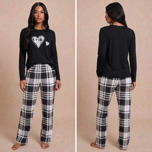 Pyjama femme à manches longues deux pièces, imprimé coeur