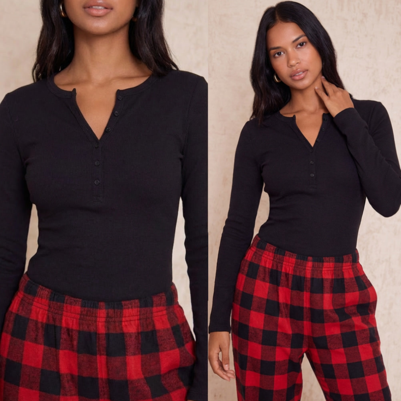 T-shirt de pyjama femme côtelé en coton, manches longues, 6 boutons - variantes multiples