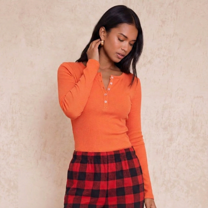 T-shirt de pyjama femme côtelé en coton, manches longues, 6 boutons - variantes multiples