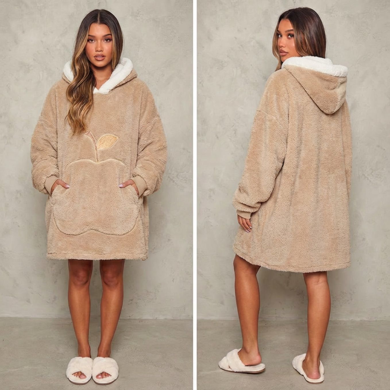 Sweat-plaid médium en polaire, oversize chaud et épais cocooning, 10 coloris unis avec design pomme - spécial automne-hiver