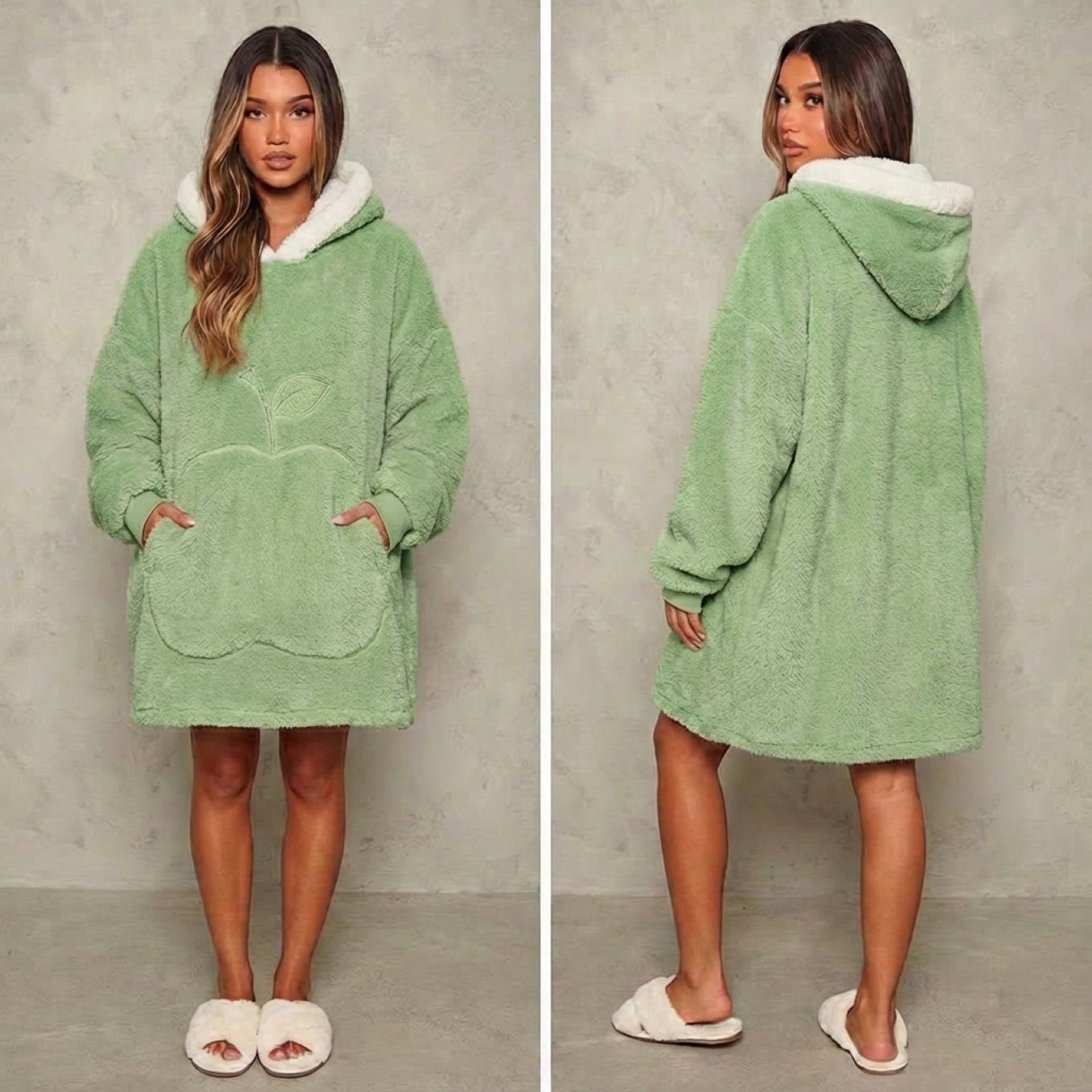 Sweat-plaid médium en polaire, oversize chaud et épais cocooning, 10 coloris unis avec design pomme - spécial automne-hiver