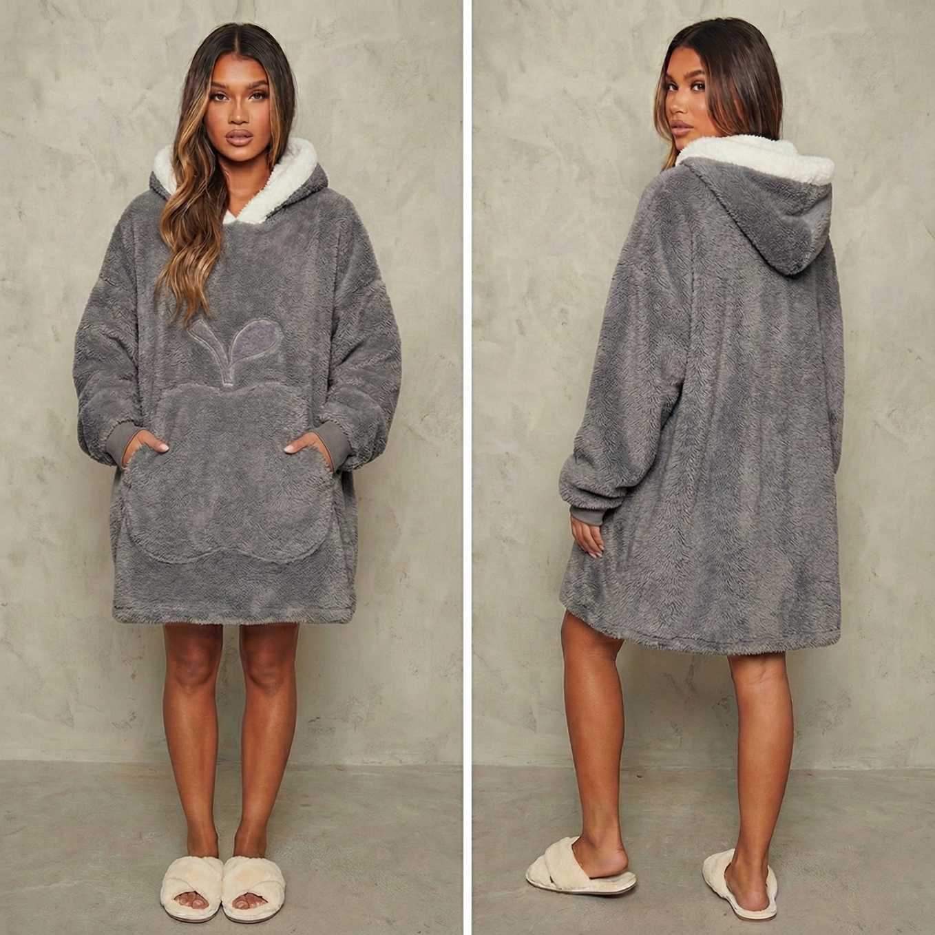 Sweat-plaid médium en polaire, oversize chaud et épais cocooning, 10 coloris unis avec design pomme - spécial automne-hiver