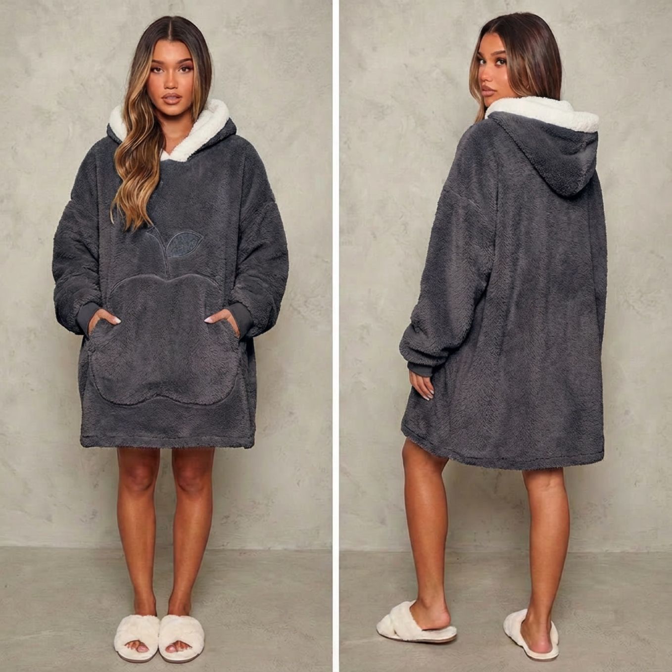 Sweat-plaid médium en polaire, oversize chaud et épais cocooning, 10 coloris unis avec design pomme - spécial automne-hiver