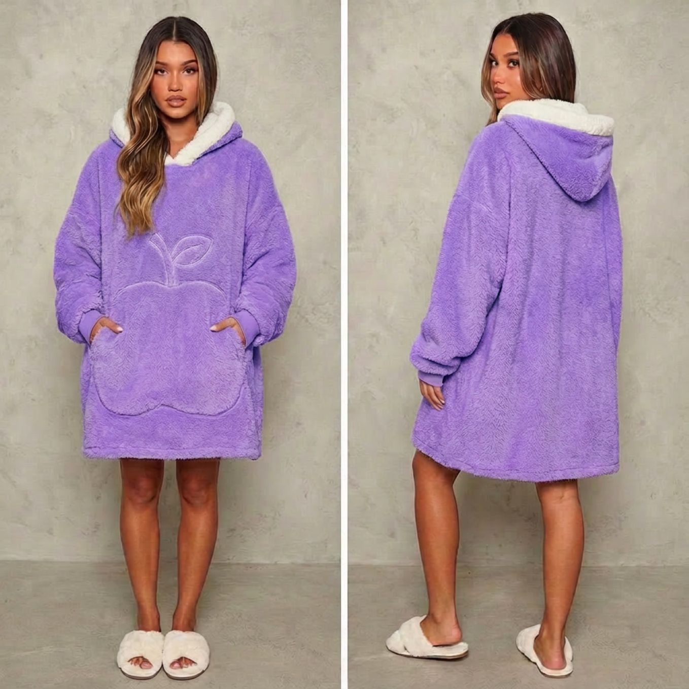 Sweat-plaid médium en polaire, oversize chaud et épais cocooning, 10 coloris unis avec design pomme - spécial automne-hiver