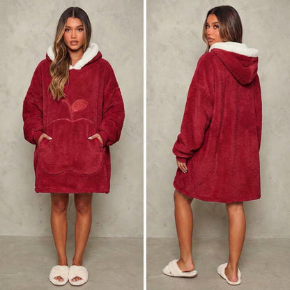 Sweat-plaid médium en polaire, oversize chaud et épais cocooning, 10 coloris unis avec design pomme - spécial automne-hiver