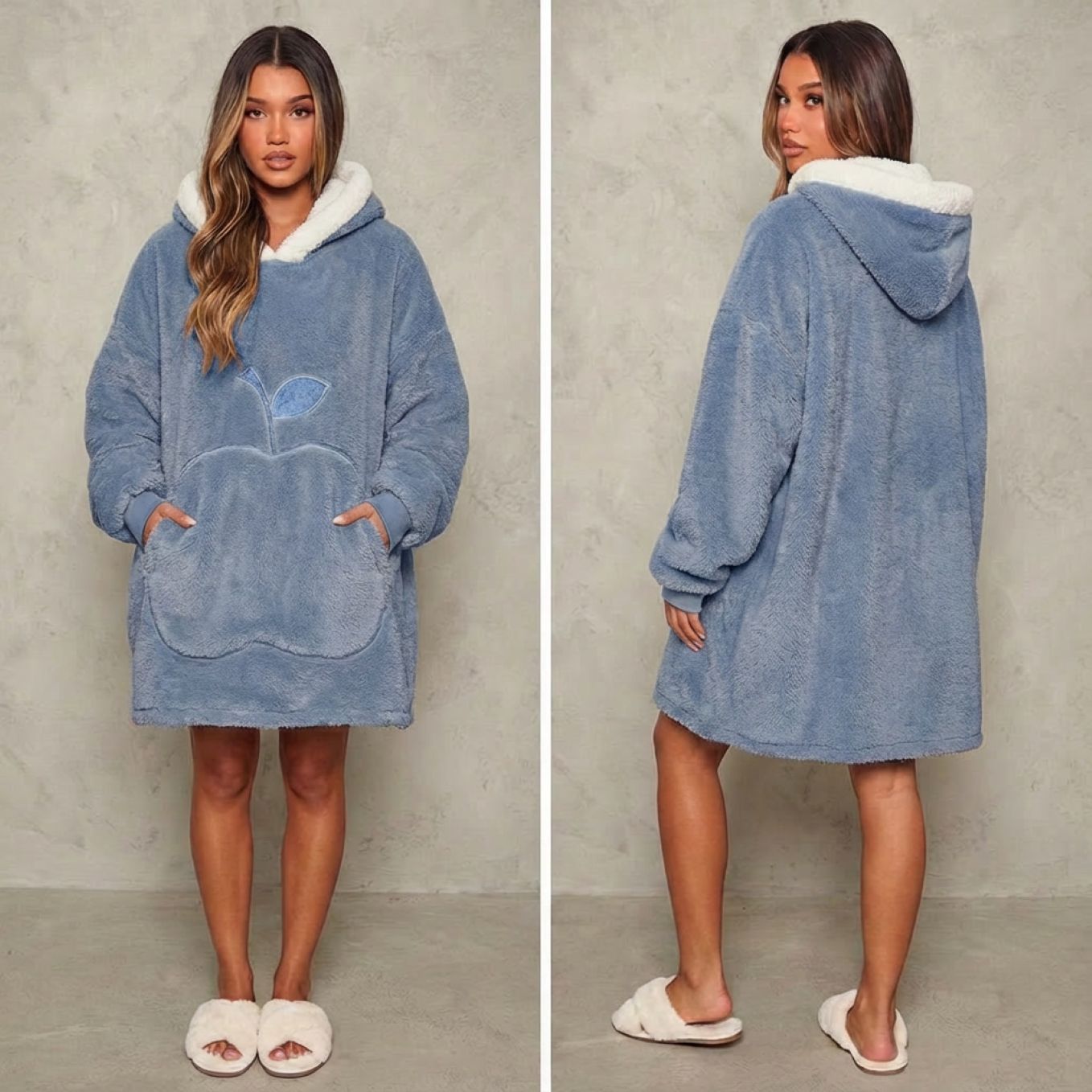 Sweat-plaid médium en polaire, oversize chaud et épais cocooning, 10 coloris unis avec design pomme - spécial automne-hiver