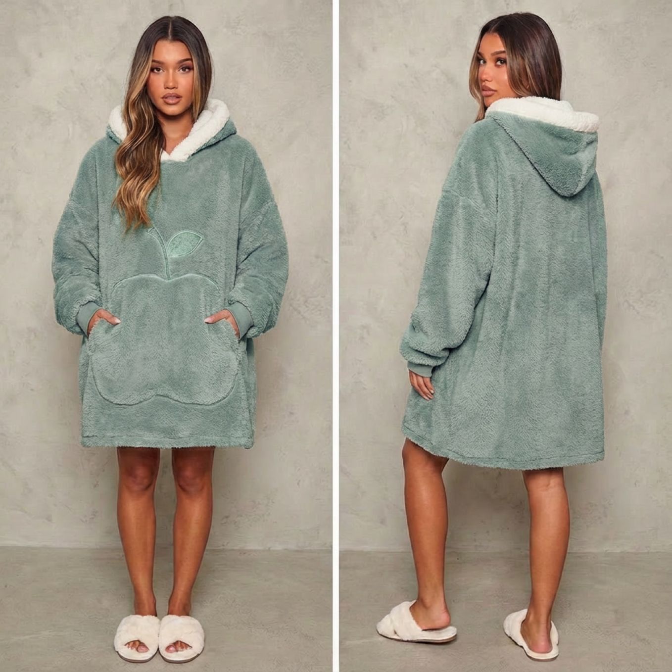 Sweat-plaid médium en polaire, oversize chaud et épais cocooning, 10 coloris unis avec design pomme - spécial automne-hiver