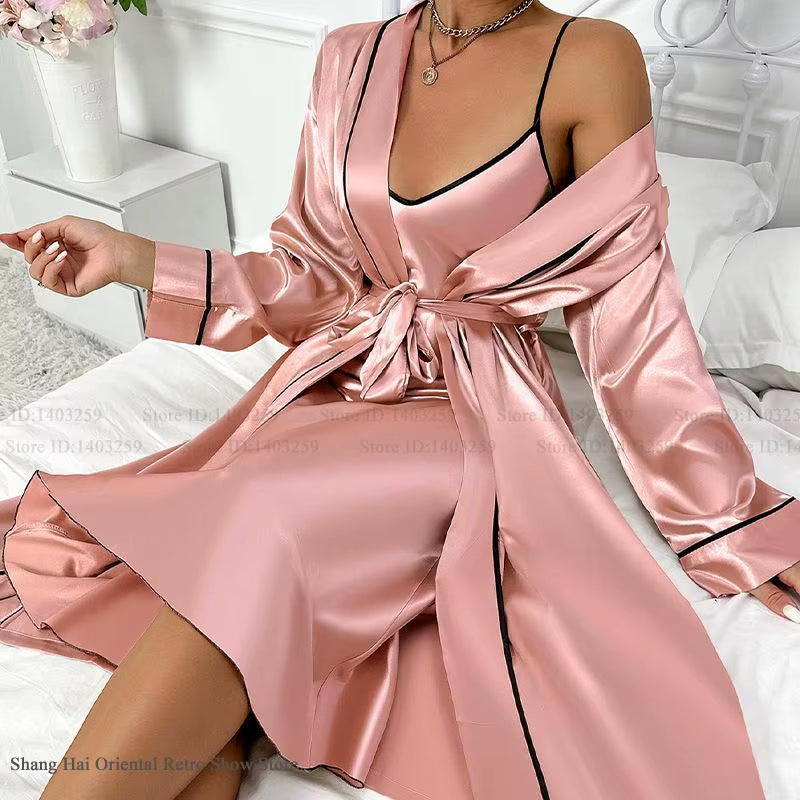 Sexy Long Twinset Robe Set Chemise Nightgown Women Nightwear Summer Silk Satin Home Dress Sleepwear Loose Lounge Wear Lingerie