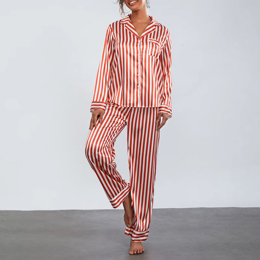 2024 Women Christmas Pajama Sets Striped Long Sleeve Satin Button Shirts with Wide Leg Long Pants Nightwear Sleepwear Loungewear