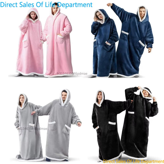 2025 New Pullover Lamb Fleece Oversized Loose Outdoor Sleepwear, Flannel Blanket Pajama with Sleeves, Winter Hooded Sweatshirt