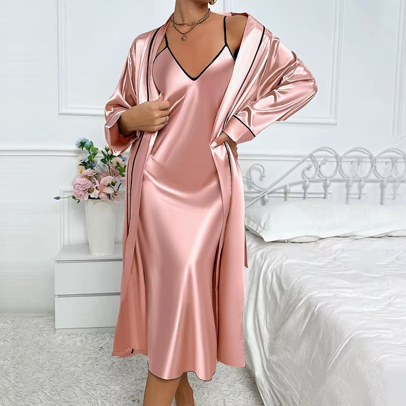 Sexy Long Twinset Robe Set Chemise Nightgown Women Nightwear Summer Silk Satin Home Dress Sleepwear Loose Lounge Wear Lingerie