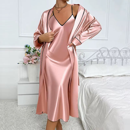 Sexy Long Twinset Robe Set Chemise Nightgown Women Nightwear Summer Silk Satin Home Dress Sleepwear Loose Lounge Wear Lingerie