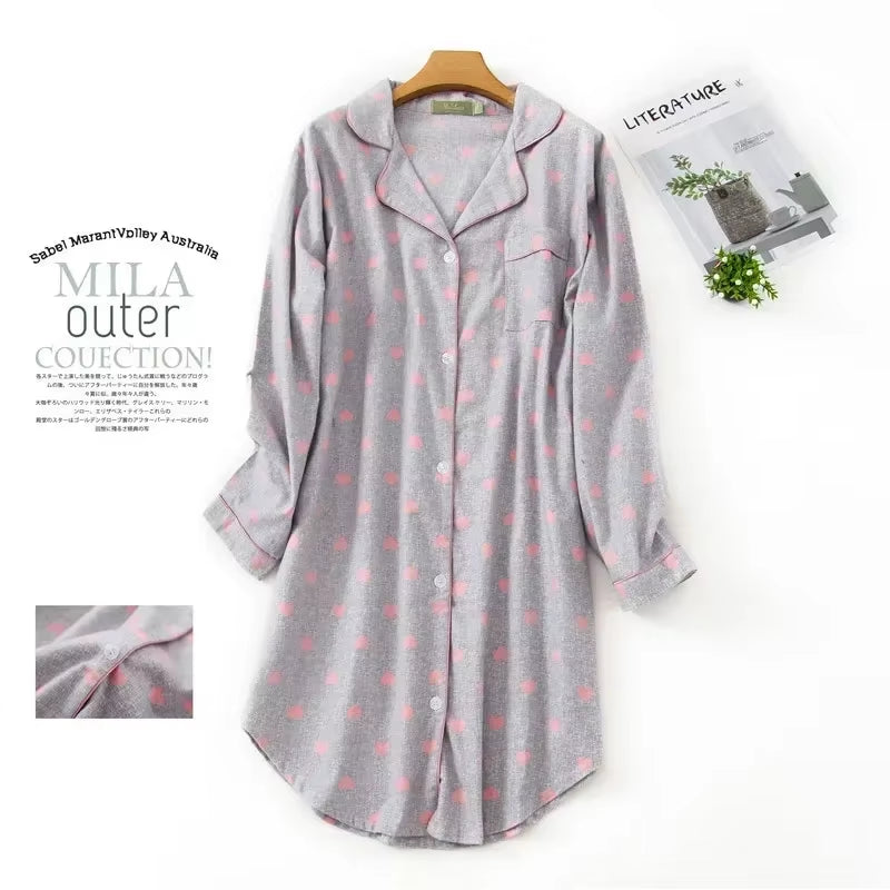 Flannel Cotton Home Nightdress Cardigan Shirt Night Dress Cute Cartoon Plaid Design Sleepwear Fashion Sleeping Shirt Woman