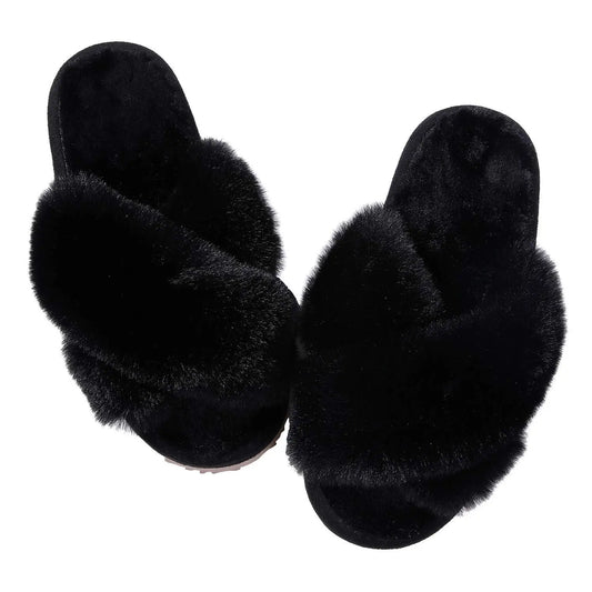 Fashion Furry House Slippers Women Fluffy Fur Flip Flops Bedroom Fuzzy Flats Slippers Thick Sole Cross Band Indoor Shoes