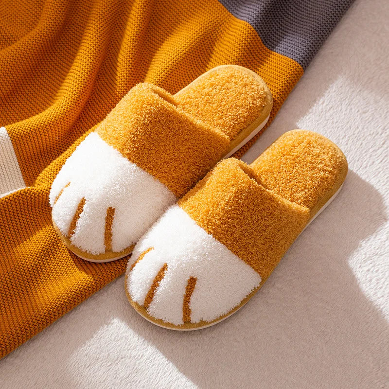 Winter Warm Plush Slippers Cute Cat Paw Designer House Women Fur Slippers Floor Mute Bedroom Lovers Indoor Fluffy Shoes