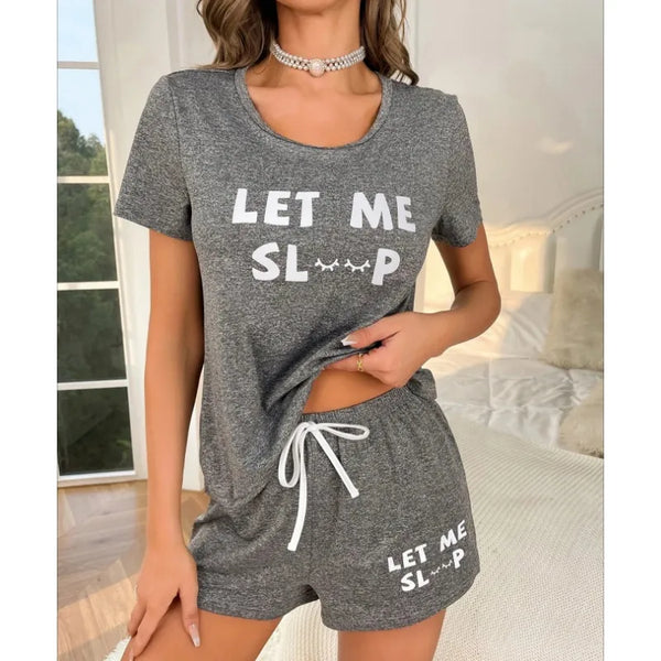 Women'S Pajamas Set Gray Letter Short Sleeve Top and Shorts Sleepwear 2 Piece Set for Women Casual Homewear Sport Suit