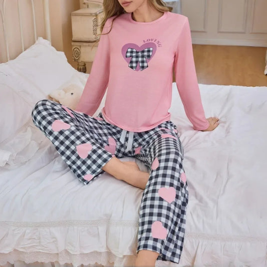 Women'S Pajamas Set Bow Print Long Sleeve Top and Trousers Sleepwear 2 Piece Set for Women Soft Casual Suit Loungewear
