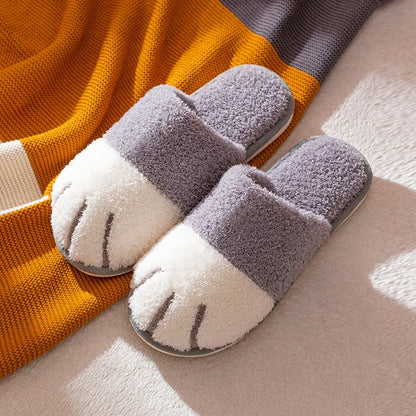 Winter Warm Plush Slippers Cute Cat Paw Designer House Women Fur Slippers Floor Mute Bedroom Lovers Indoor Fluffy Shoes