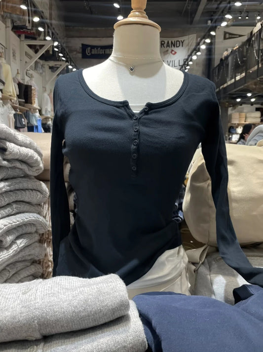 Six Buttons Ribbed Long Sleeve T-Shirts Women Spring round Neck Cotton Slim Tee Top Female Sweet Cute Pink Tshirt Y2K Tops New