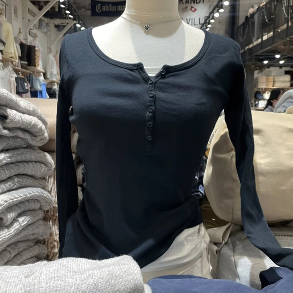 Brandy-Girl- Six Buttons Ribbed Long Sleeve T-Shirts Women Spring round Neck Cotton Slim Tee Top Female Sweet Cute Pink Tshirt Y2K Tops New