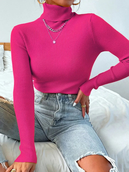 On Sale Autumn Winter Women Knit Solid Turtleneck Pull Sweater Casual Rib Jumper Tops Female Home Pullover Y2K Clothing
