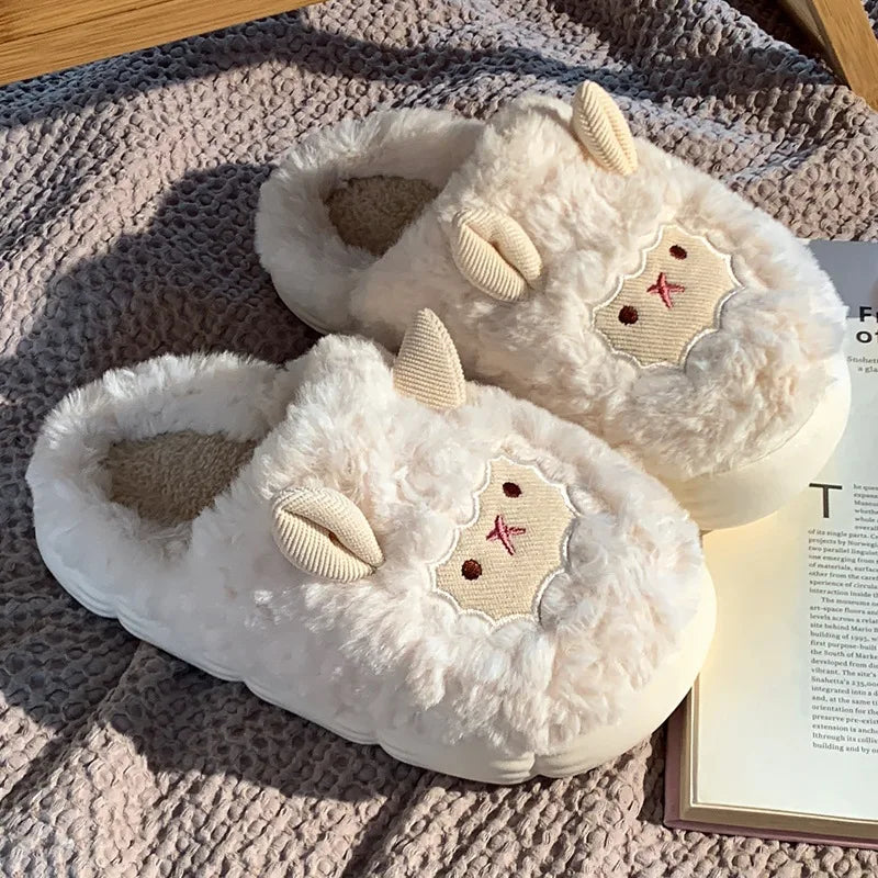 Women Lovely Sheep Fluffy Slippers Men Fashion Animals Non-Slip Plush Slides Lovers Soft Warm Cartoon House Shoes for Winter
